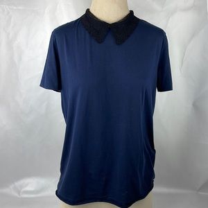 Sandro Paris France Blue Top with Black Lace collar Sz 2 / M